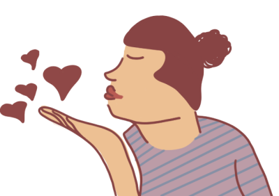 Illustration of a person with closed eyes and pursed lips, blowing kisses in the form of red hearts into the air with their hand.
