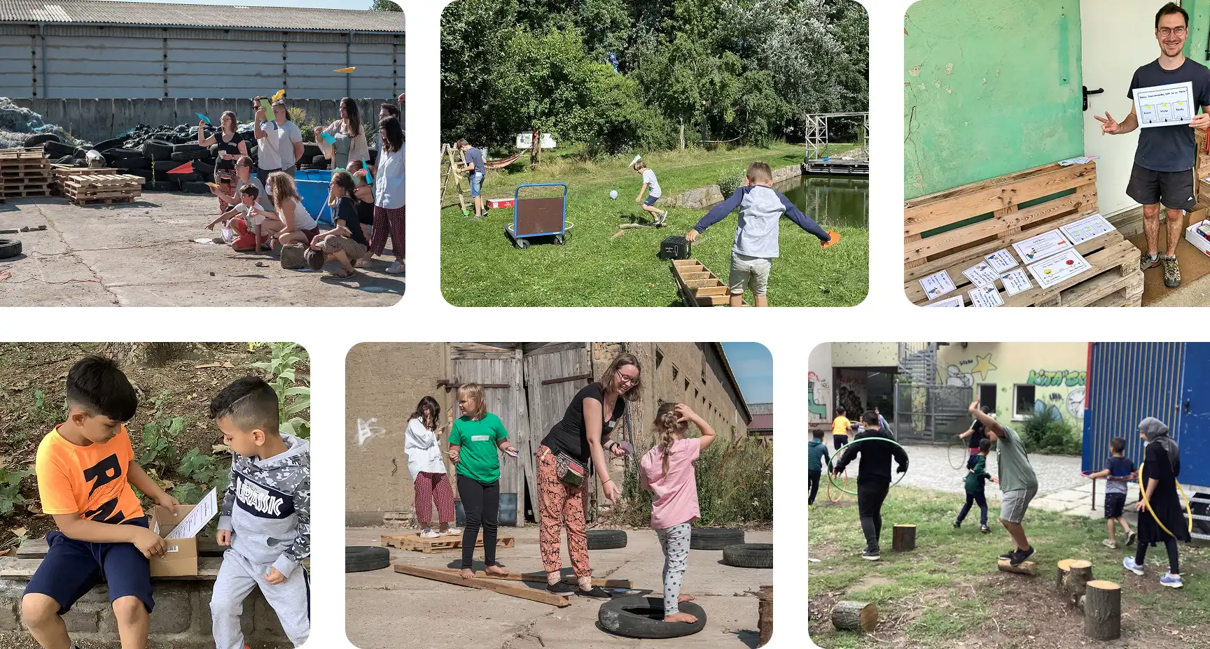 Multiple photos of children and adults participating in outdoor activities and games, including crafting, balancing on tires and wooden planks, and throwing.
