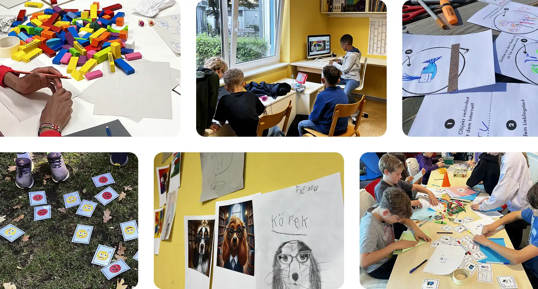 Mehrere Fotos von Kindern und Erwachsenen, die an Outdoor-Aktivitäten und Spielen teilnehmen, darunter Basteln, Balancieren auf Reifen und Holzbrettern sowie Werfen.