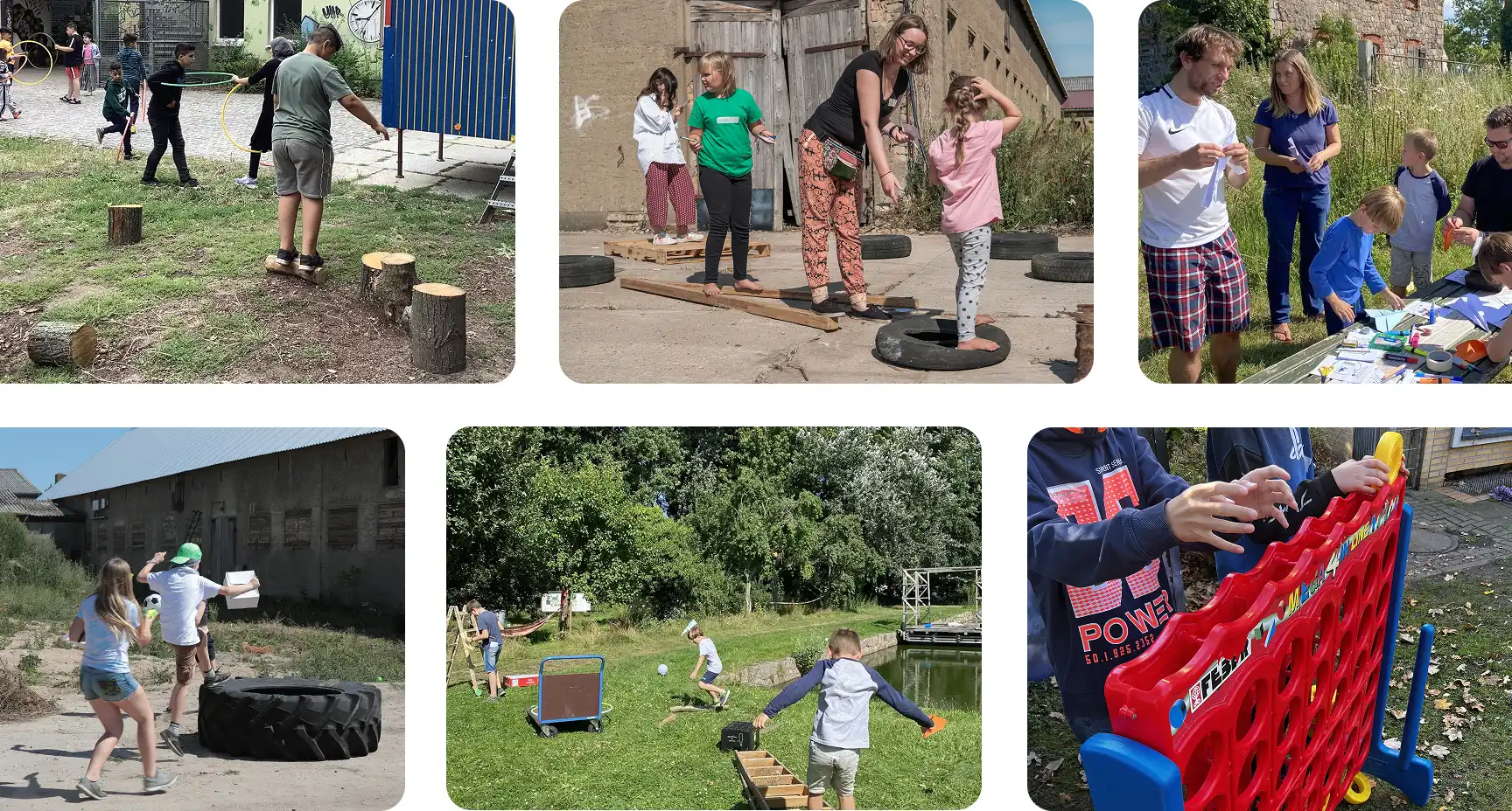 Mehrere Fotos von Kindern und Erwachsenen, die an Outdoor-Aktivitäten und Spielen teilnehmen, darunter Basteln, Balancieren auf Reifen und Holzbrettern sowie Werfen.