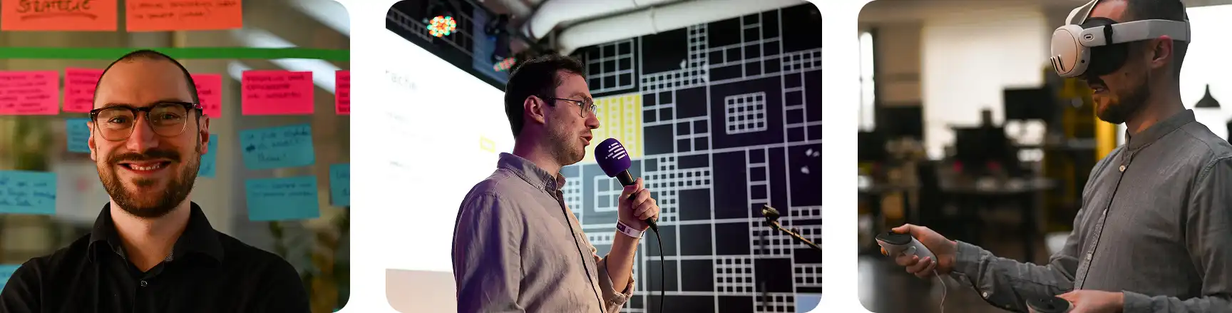 Multiple photos of the founder of Mosaic Lernparkour, giving presentations on a stage or wearing an MR headset.