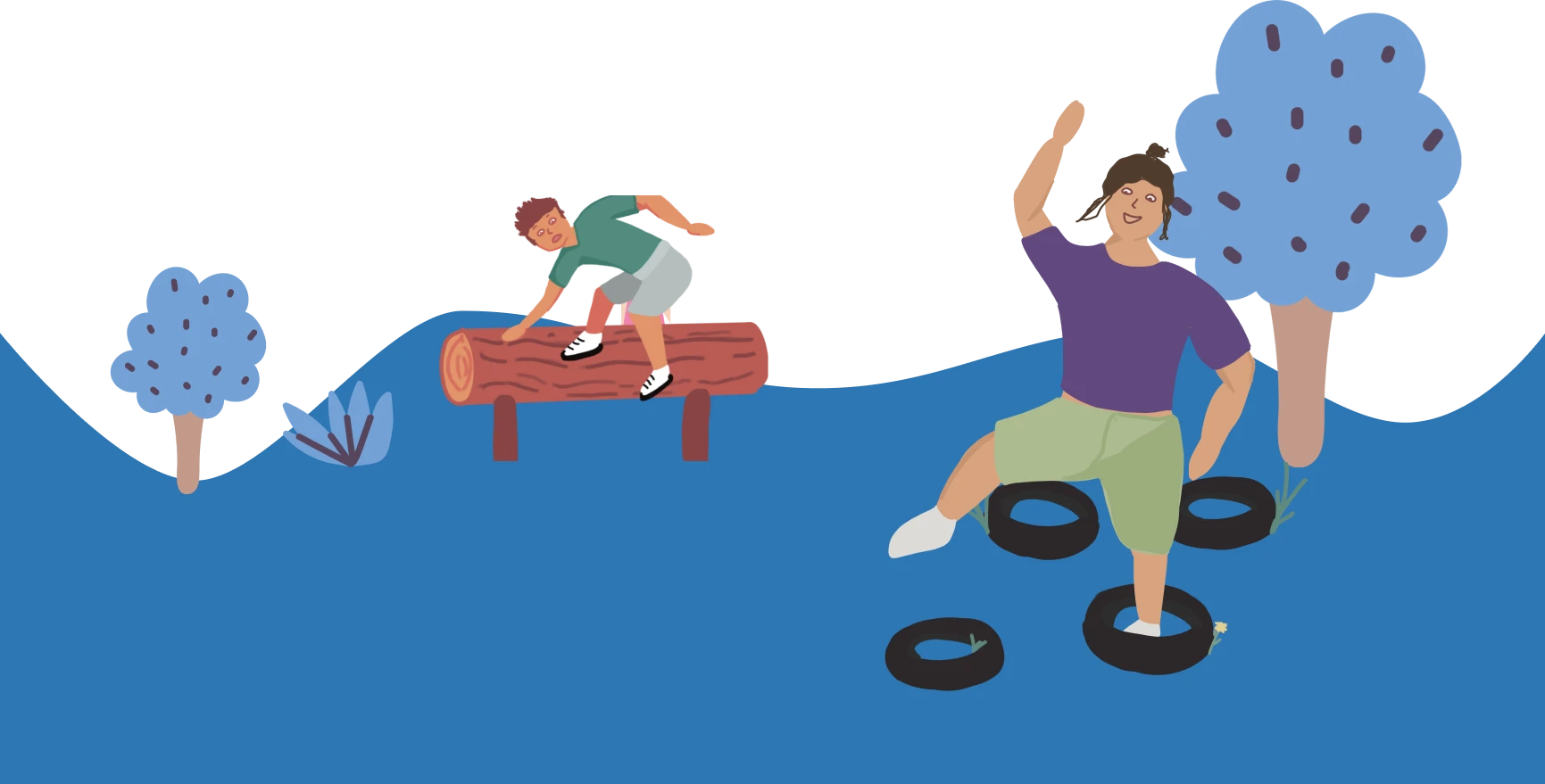 Illustration von zwei Personen, die Outdoor-Parcours-Aktivitäten machen: eine balanciert auf Reifen, die andere klettert über einen Baumstamm.