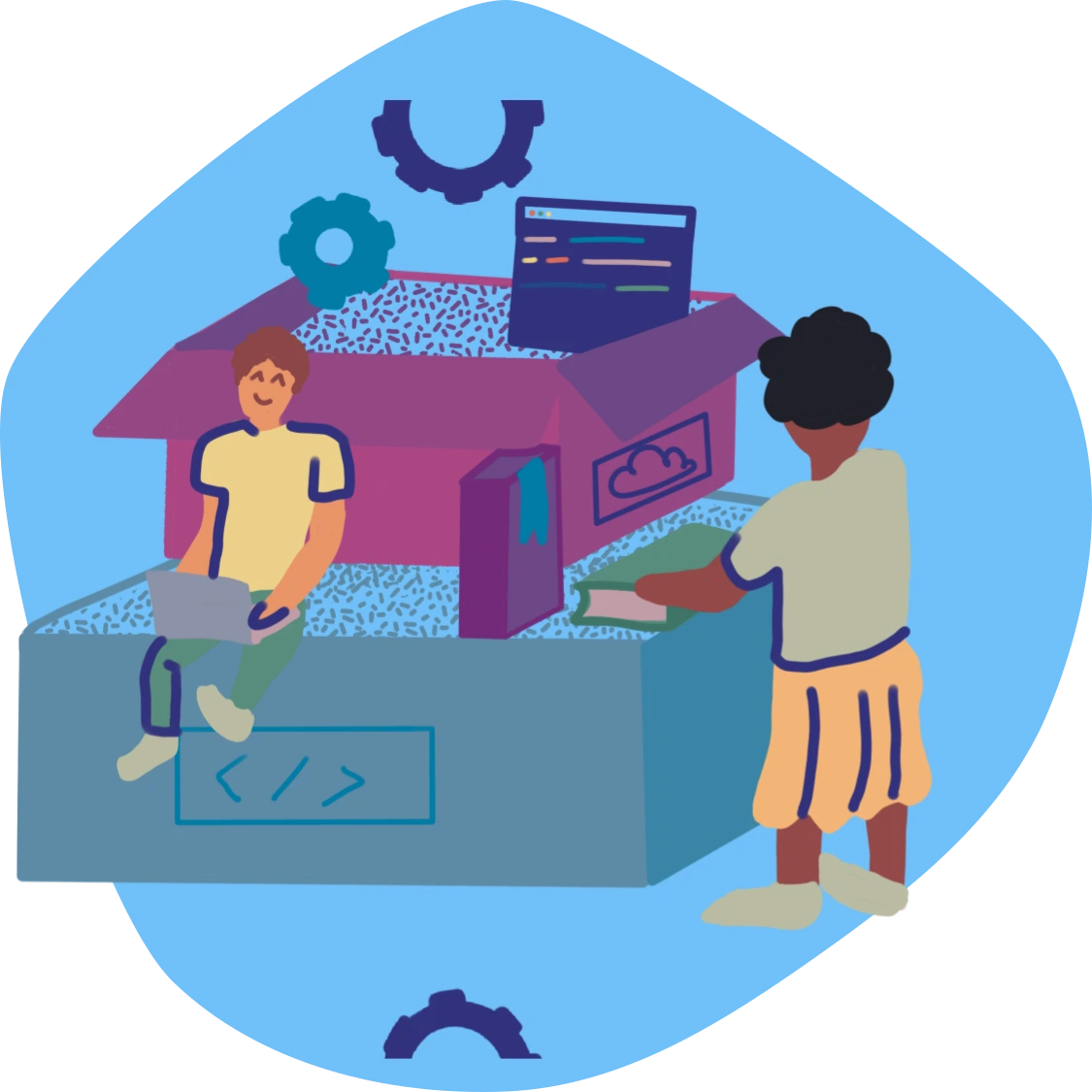 Illustration von zwei Personen, die mit Computercode und Daten in einer großen Box arbeiten, umgeben von Zahnrädern und Cloud-Symbolen.