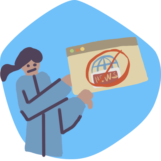 Illustration einer Person, die missbilligend ein Webbrowser-Fenster mit einem durchgestrichenen Globus und dem Wort „NEWS“ zeigt.