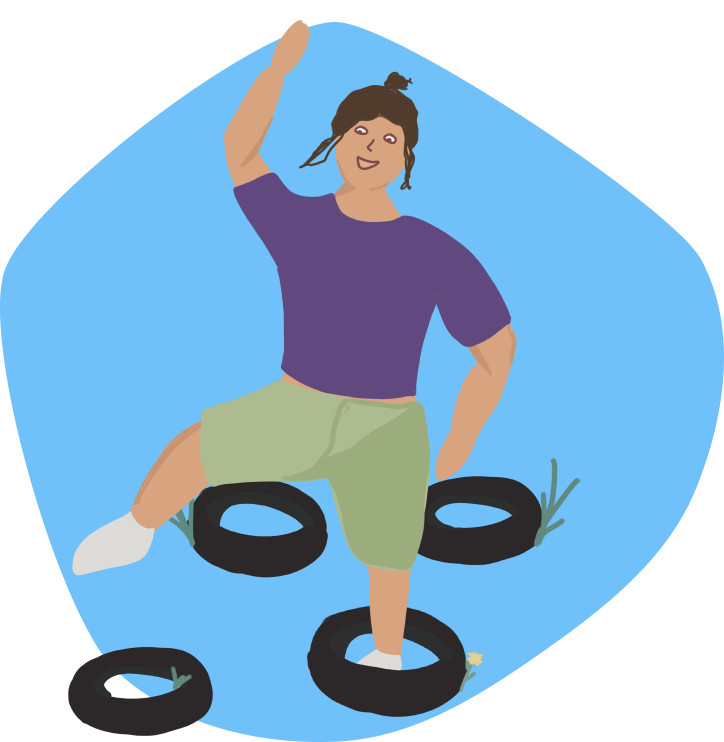 Illustration of a joyful person balancing in tires and enjoying outdoor games.