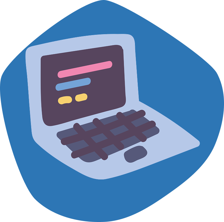 A stylized illustration of an opened laptop. Colorful, abstract lines of code are visible on the screen. The whole thing is depicted against a blue, rounded background.