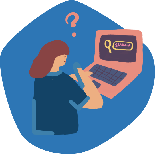 A stylized illustration of a person sitting in front of a laptop with a question mark above their head. On the laptop screen, a search bar with the word "SEARCH" and a magnifying glass icon is visible.