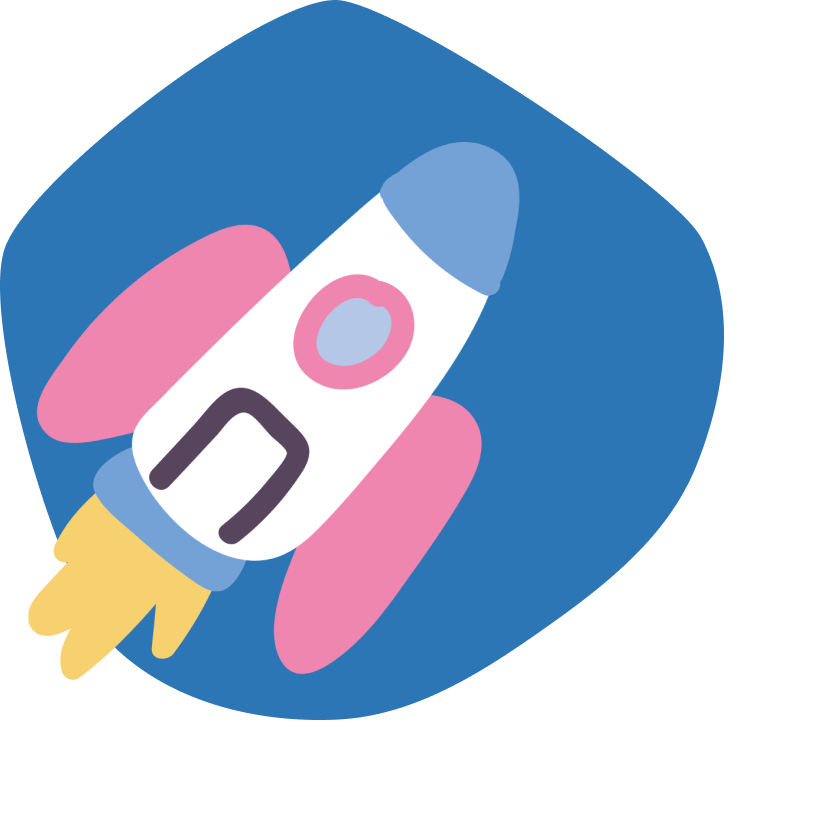 A stylized illustration of a launching rocket with a white body, pink wings, and yellow flames from the propulsion. The rocket is depicted against an irregular, blue background.