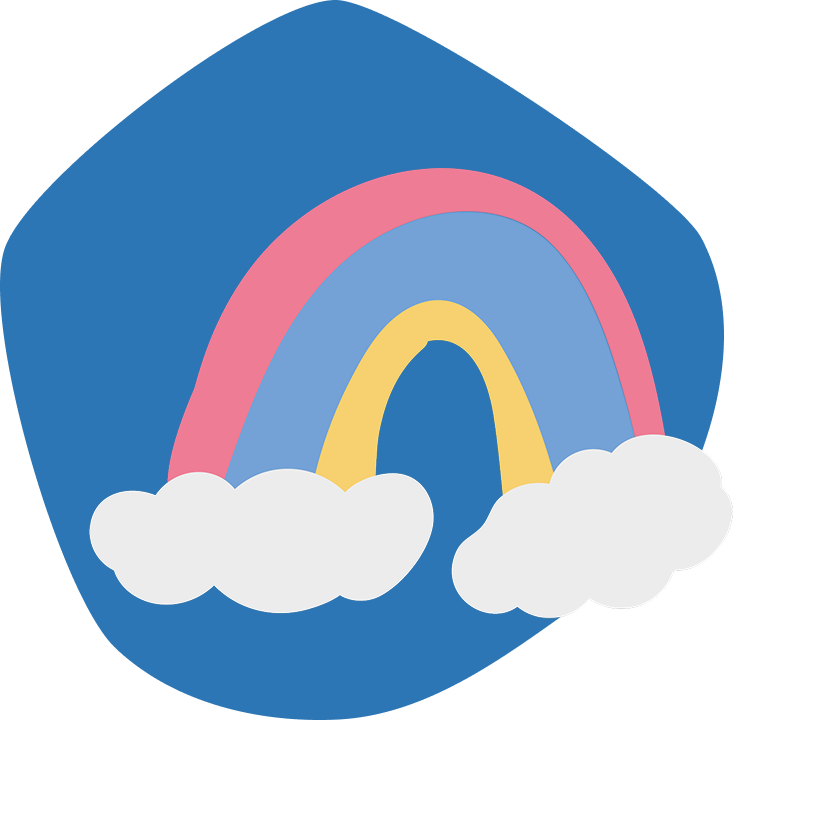 A stylized illustration of a three-color rainbow in pink, light blue, and yellow, rising from two white clouds. The whole thing is depicted against an irregular, blue background.
